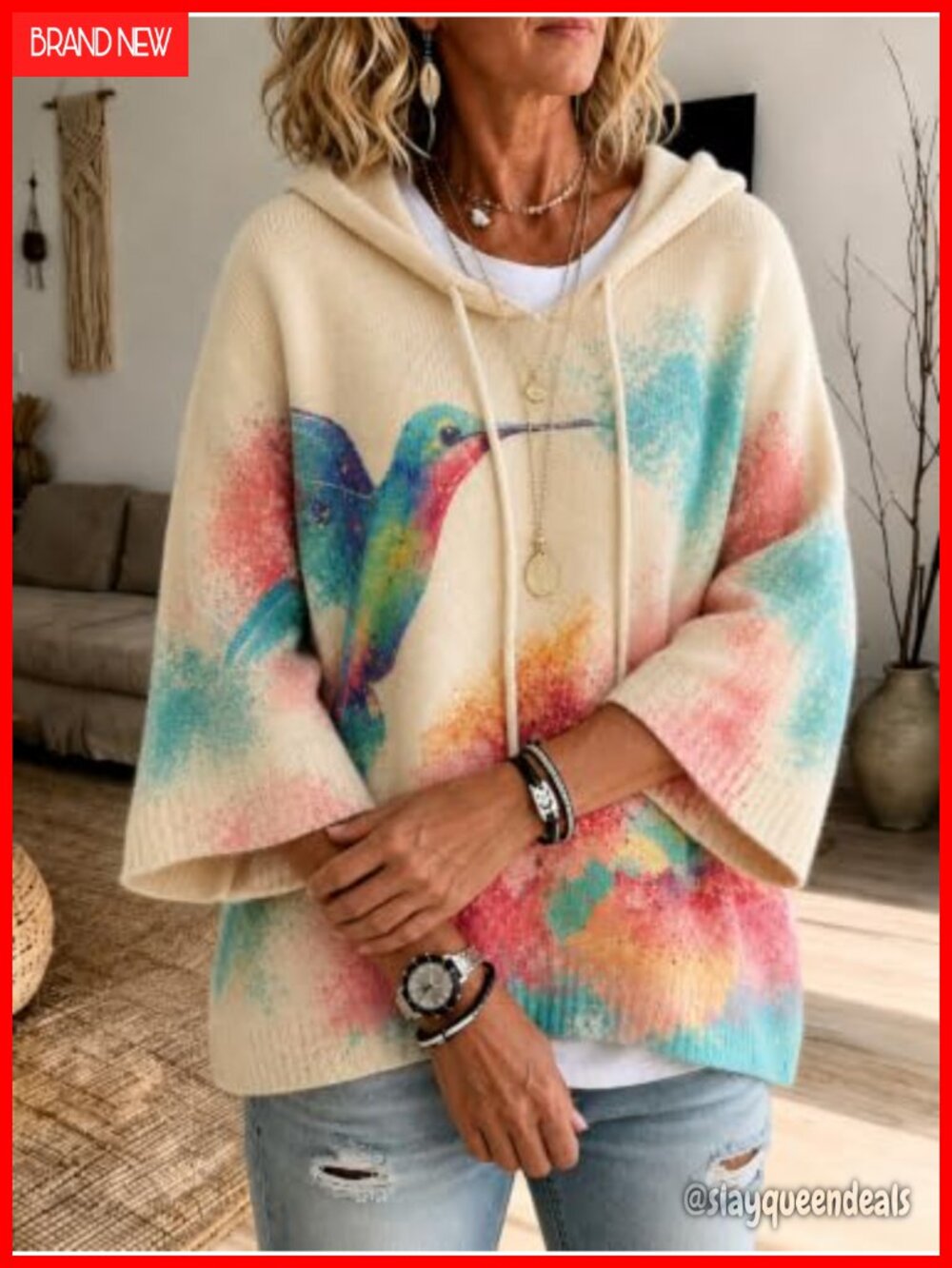 Watercolor Hummingbird Floral Print Hooded Knit Sweater Batwing Drawstring